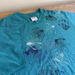 Hanes Heavyweight Womens Large Teal Green Vintage Single Stitch Seashell T-Shirt